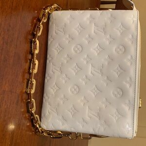 Authentic Louis Vuitton White Embossed purse with Gold Chain, rare cream color.